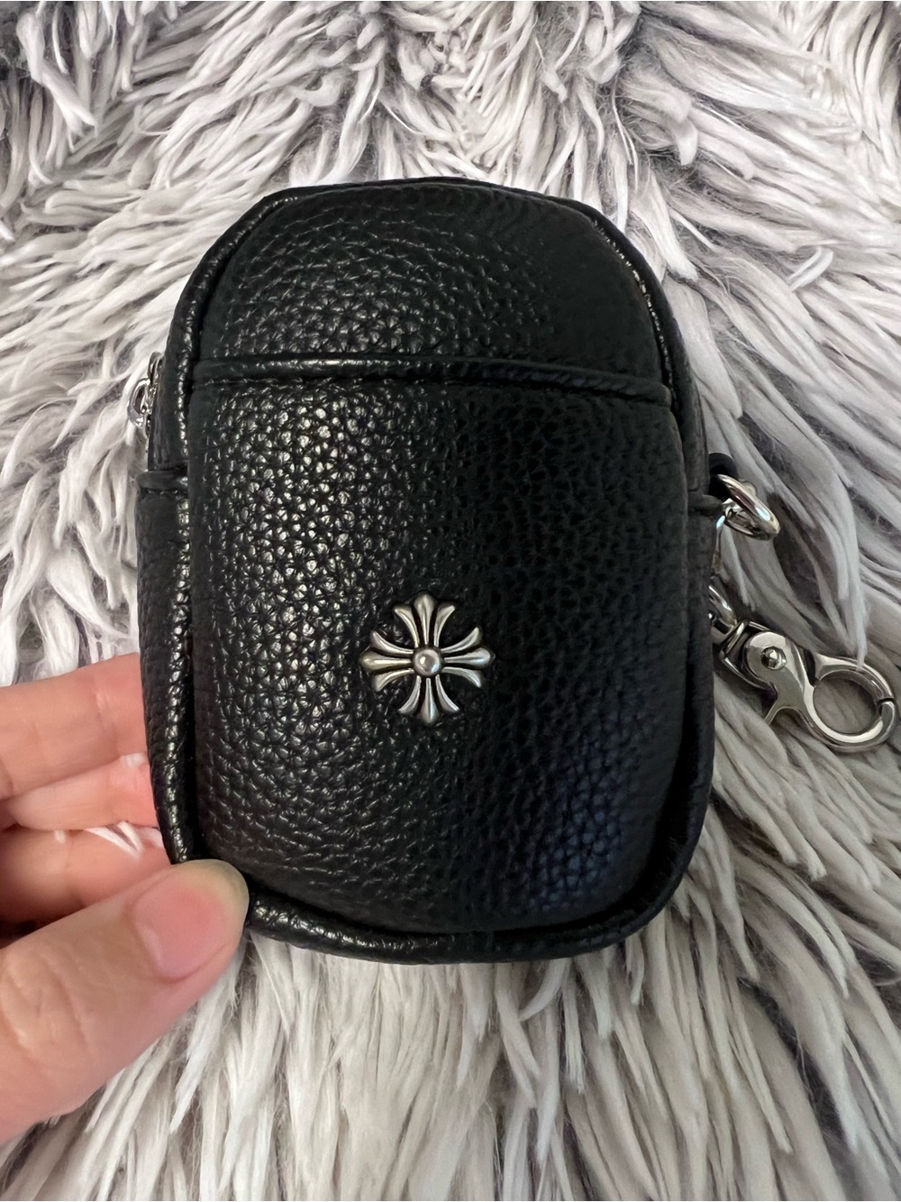 Chrome Hearts AirPods Black Pebbled Leather Key Pouch with Silver Cross Accent